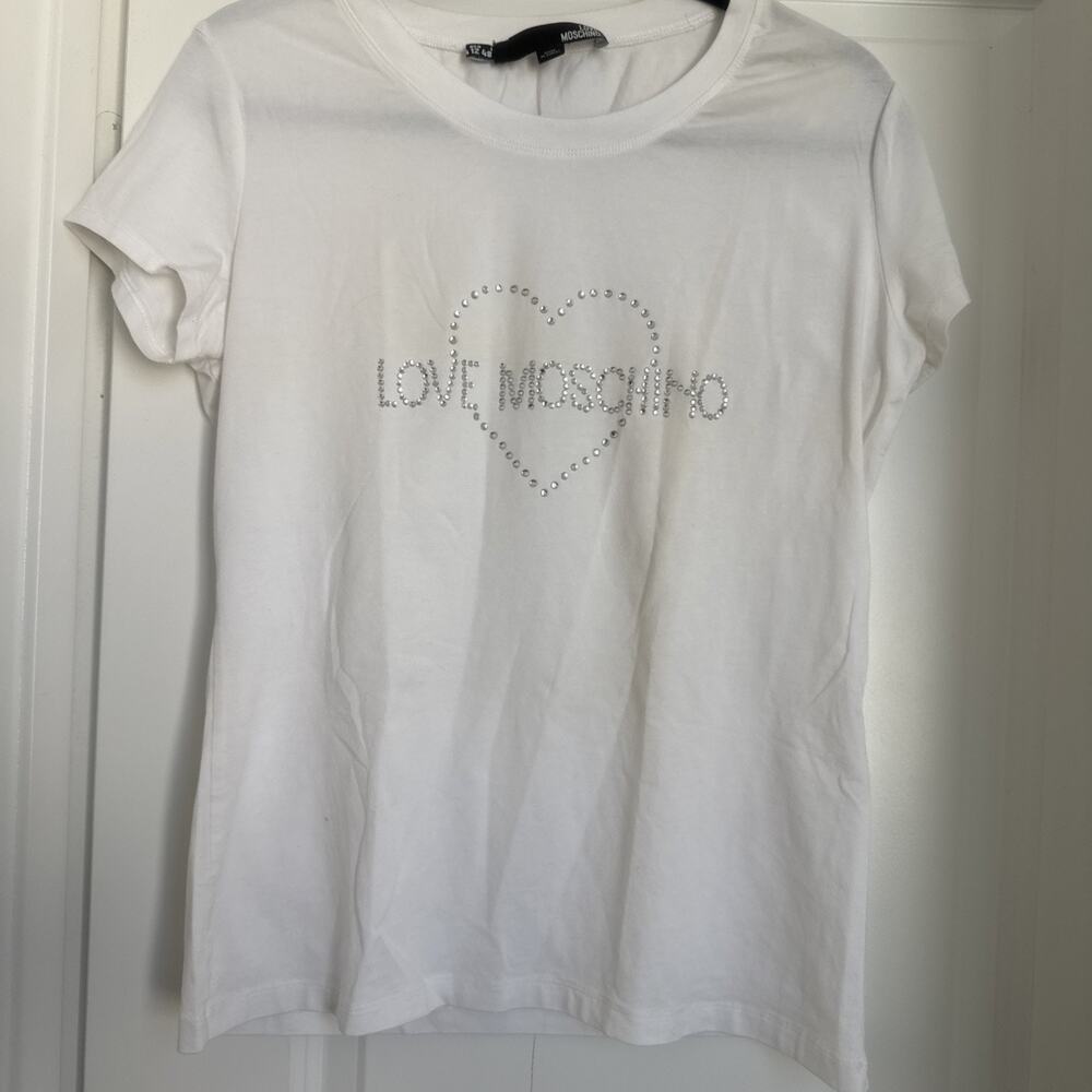 Love Moschino White Studded Heart Logo Short Sleeve T-Shirt Tee Size US 12